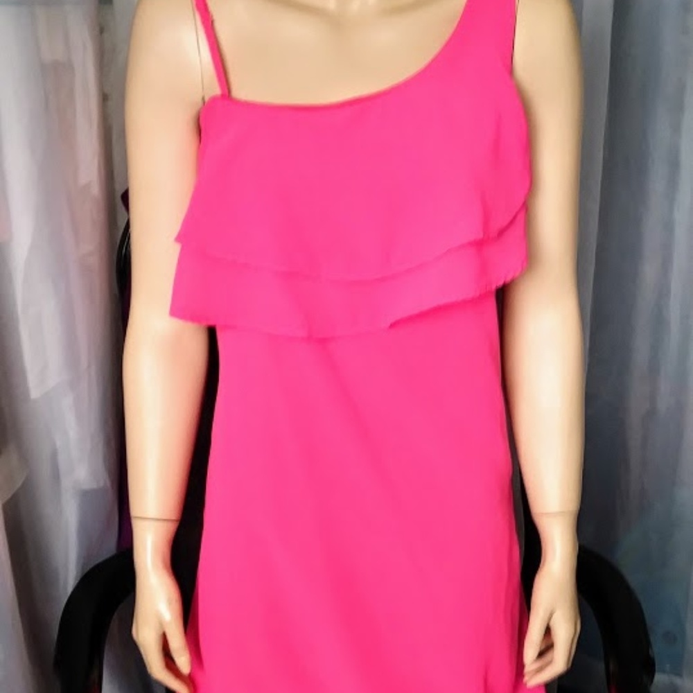 "DIVIDED" Hot Pink Satin and Sheer Cocktail Dress
